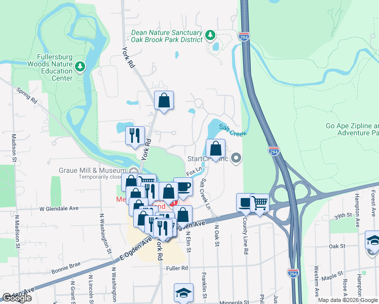 map of restaurants, bars, coffee shops, grocery stores, and more near 1151 Indian Trail Road in Hinsdale