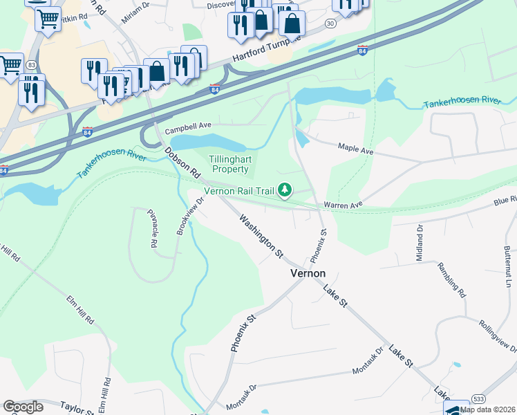map of restaurants, bars, coffee shops, grocery stores, and more near 50 Church Street in Vernon