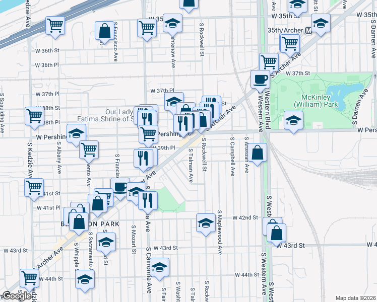 map of restaurants, bars, coffee shops, grocery stores, and more near 3955 South Archer Avenue in Chicago