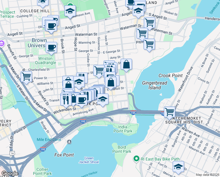 map of restaurants, bars, coffee shops, grocery stores, and more near 27 East Transit Street in Providence