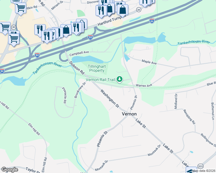 map of restaurants, bars, coffee shops, grocery stores, and more near 62 Church Street in Vernon