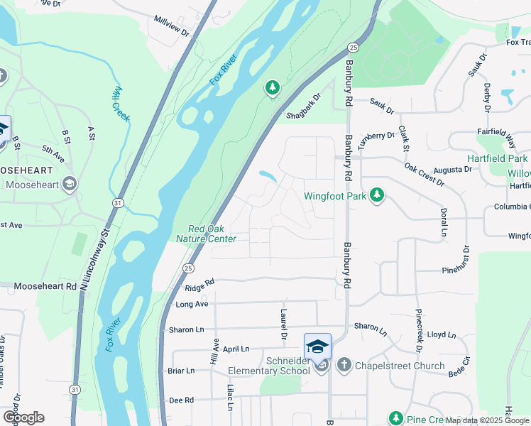 map of restaurants, bars, coffee shops, grocery stores, and more near 1011 Churchill Drive in North Aurora