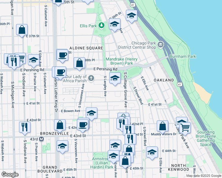 map of restaurants, bars, coffee shops, grocery stores, and more near 714 East 40th Street in Chicago