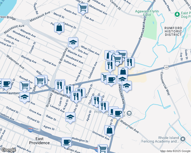 map of restaurants, bars, coffee shops, grocery stores, and more near 500 Taunton Avenue in East Providence