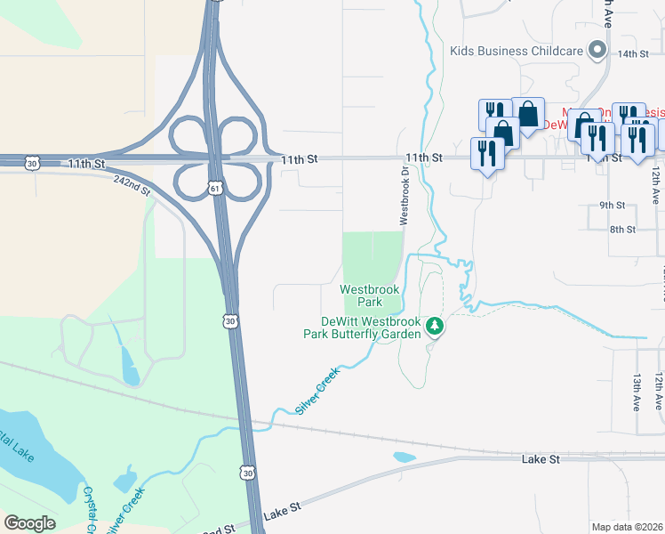map of restaurants, bars, coffee shops, grocery stores, and more near 613 Westwood Drive in DeWitt