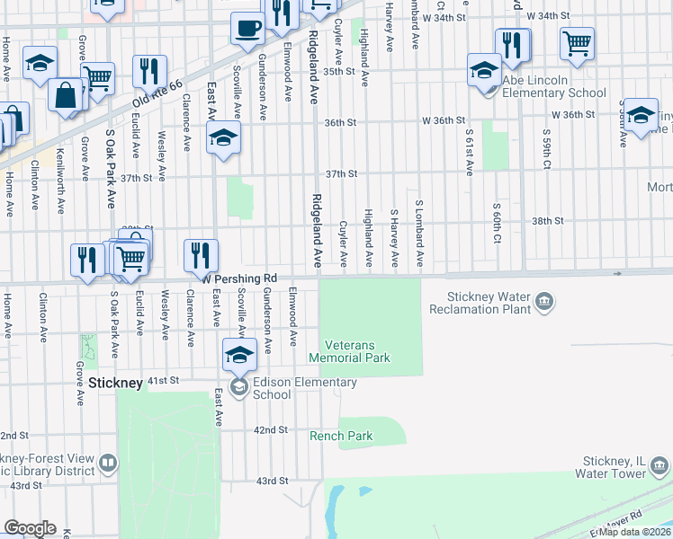 map of restaurants, bars, coffee shops, grocery stores, and more near 6332 West Pershing Road in Berwyn