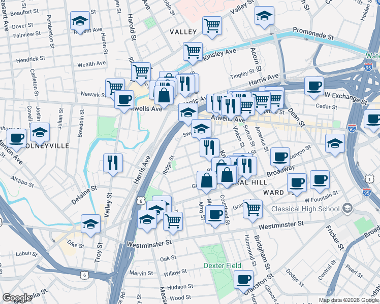 map of restaurants, bars, coffee shops, grocery stores, and more near 107 Tell Street in Providence