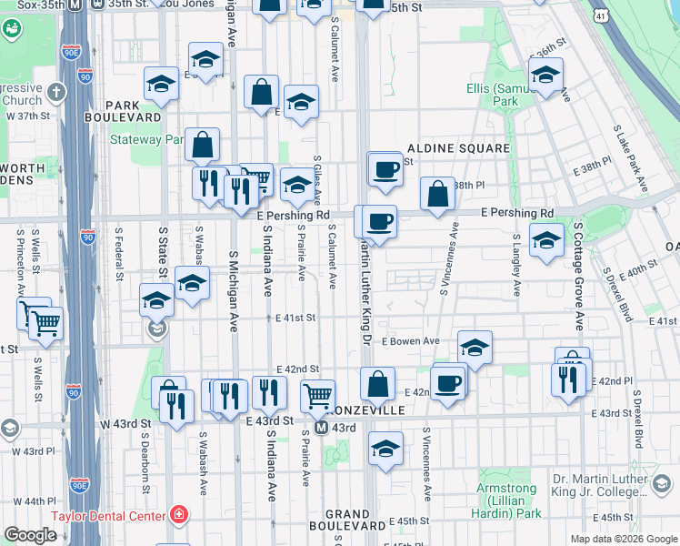 map of restaurants, bars, coffee shops, grocery stores, and more near 4005 South Calumet Avenue in Chicago