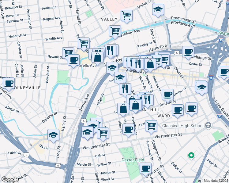 map of restaurants, bars, coffee shops, grocery stores, and more near 103 Tell Street in Providence