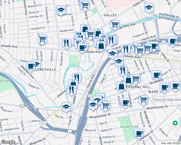 map of restaurants, bars, coffee shops, grocery stores, and more near 37 1/2 Harris Avenue in Providence