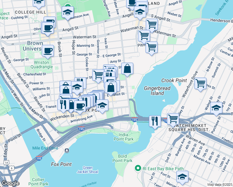 map of restaurants, bars, coffee shops, grocery stores, and more near 50 East Transit Street in Providence