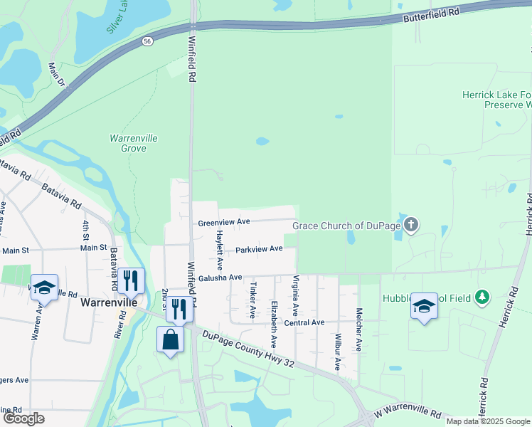 map of restaurants, bars, coffee shops, grocery stores, and more near 708 Greenview Avenue in Warrenville