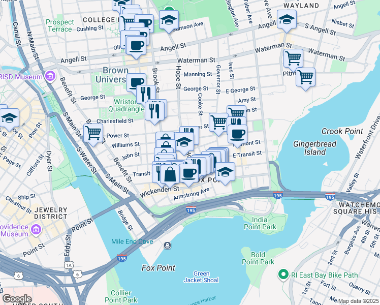 map of restaurants, bars, coffee shops, grocery stores, and more near 71 Arnold Street in Providence