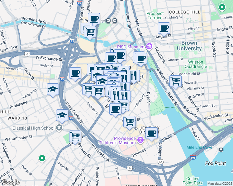 map of restaurants, bars, coffee shops, grocery stores, and more near 213 Weybosset Street in Providence