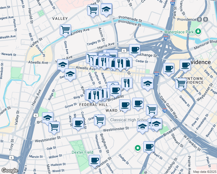 map of restaurants, bars, coffee shops, grocery stores, and more near 78 America Street in Providence