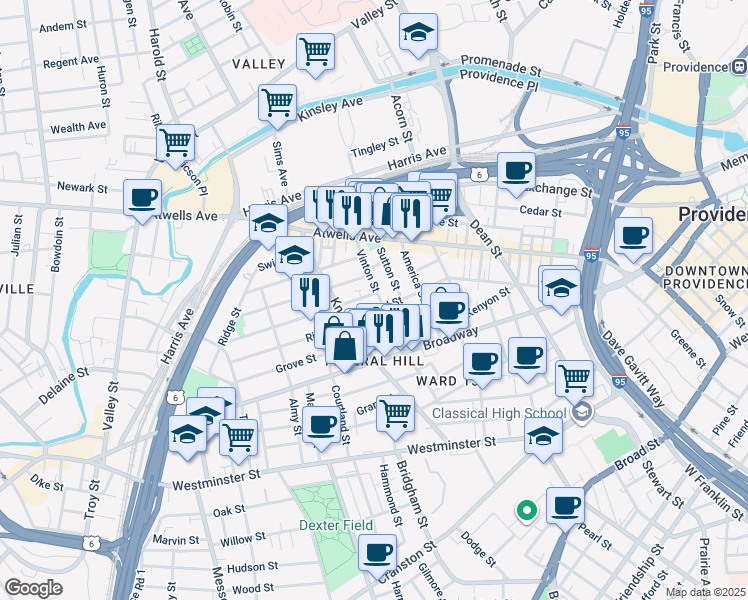 map of restaurants, bars, coffee shops, grocery stores, and more near 22 Penn Street in Providence