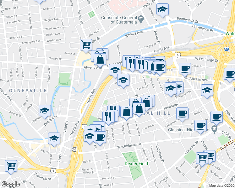 map of restaurants, bars, coffee shops, grocery stores, and more near 92 Tell Street in Providence