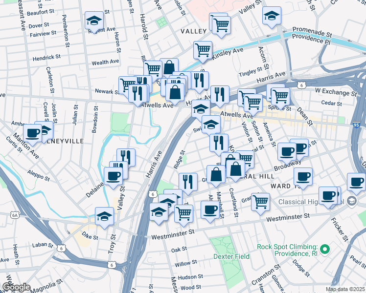 map of restaurants, bars, coffee shops, grocery stores, and more near 113 Ridge Street in Providence