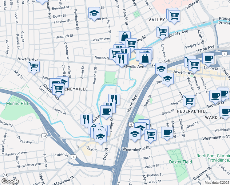 map of restaurants, bars, coffee shops, grocery stores, and more near 166 Valley Street in Providence