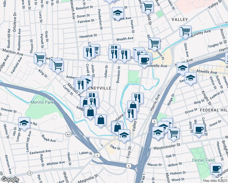 map of restaurants, bars, coffee shops, grocery stores, and more near 60 Bowdoin Street in Providence