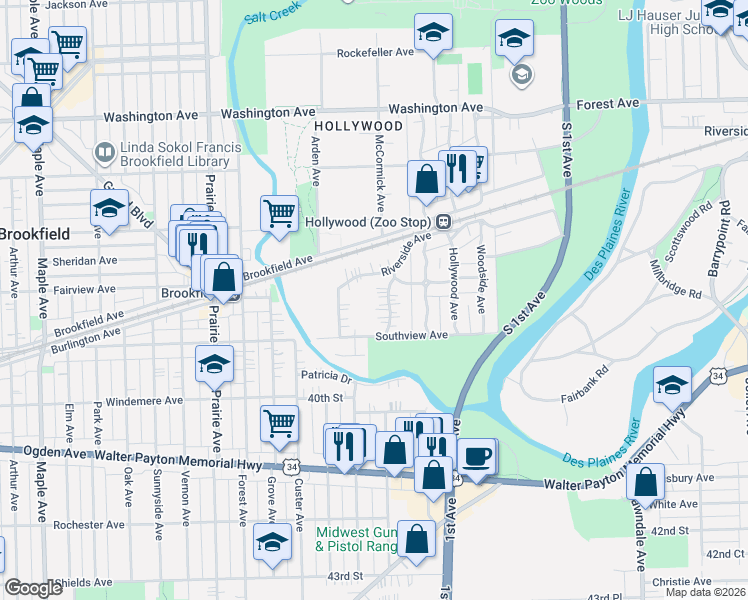 map of restaurants, bars, coffee shops, grocery stores, and more near 3832 McCormick Avenue in Brookfield