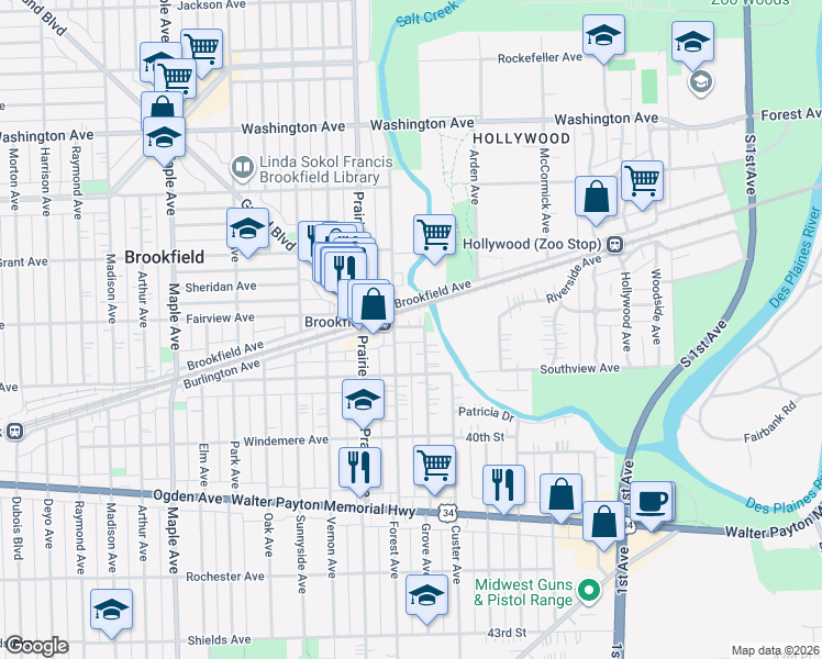 map of restaurants, bars, coffee shops, grocery stores, and more near 3829 Grove Avenue in Brookfield