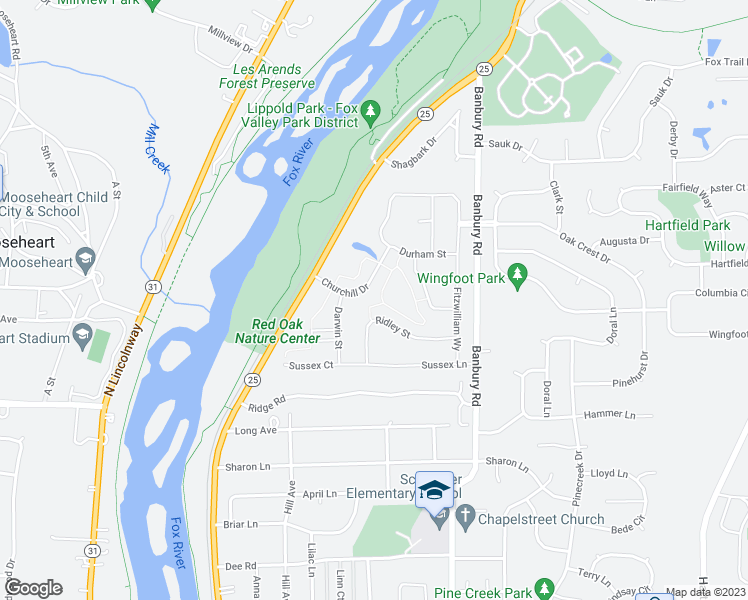 map of restaurants, bars, coffee shops, grocery stores, and more near 1011 Churchill Drive in North Aurora