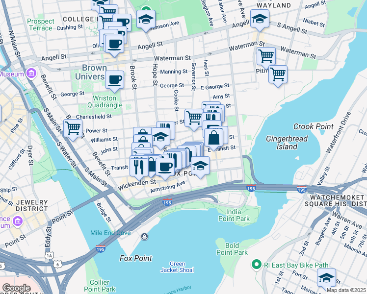 map of restaurants, bars, coffee shops, grocery stores, and more near 15 East Street in Providence