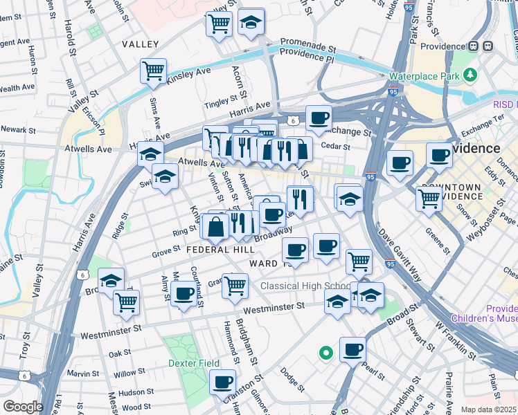 map of restaurants, bars, coffee shops, grocery stores, and more near 70 America Street in Providence