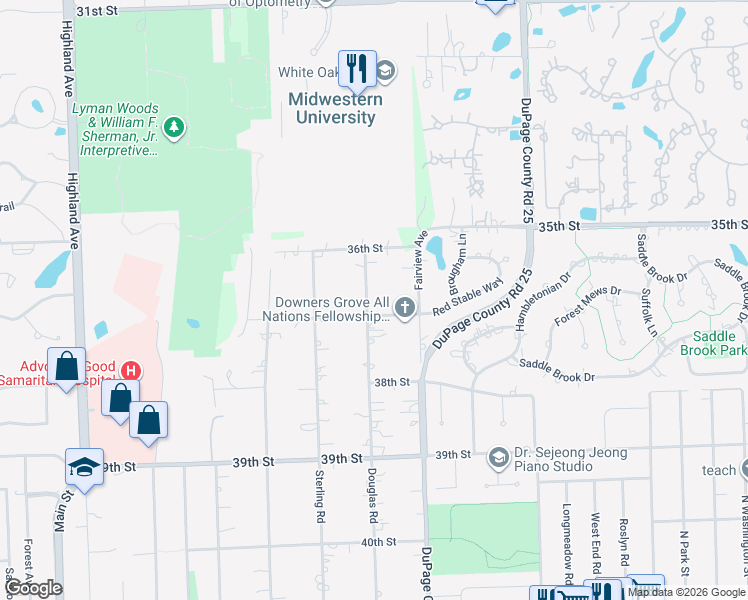map of restaurants, bars, coffee shops, grocery stores, and more near 3635 Douglas Road in Downers Grove