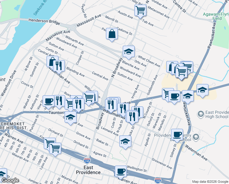 map of restaurants, bars, coffee shops, grocery stores, and more near 734 North Broadway in East Providence
