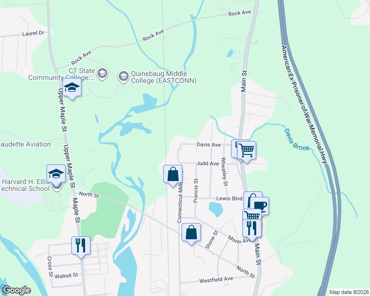 map of restaurants, bars, coffee shops, grocery stores, and more near 154 Connecticut Mills Avenue in Killingly