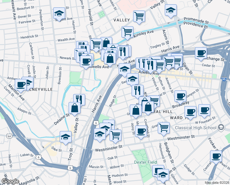 map of restaurants, bars, coffee shops, grocery stores, and more near 113 Ridge Street in Providence