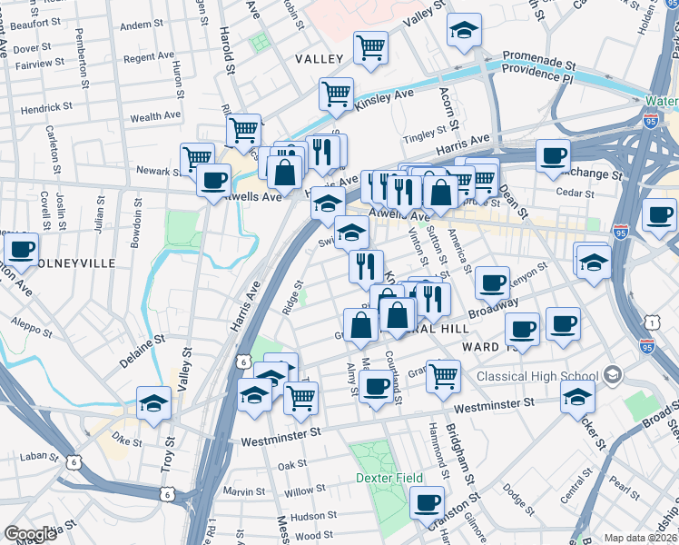 map of restaurants, bars, coffee shops, grocery stores, and more near 95 Tell Street in Providence