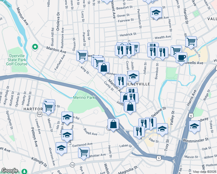 map of restaurants, bars, coffee shops, grocery stores, and more near 64 Curtis Street in Providence