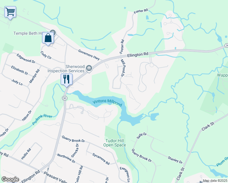 map of restaurants, bars, coffee shops, grocery stores, and more near 2801 Mill Pond Drive in South Windsor