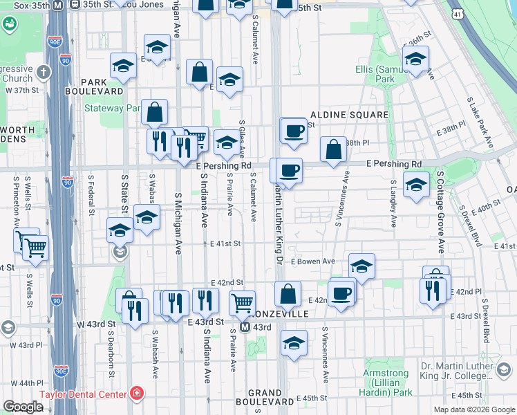 map of restaurants, bars, coffee shops, grocery stores, and more near 4003 South Calumet Avenue in Chicago