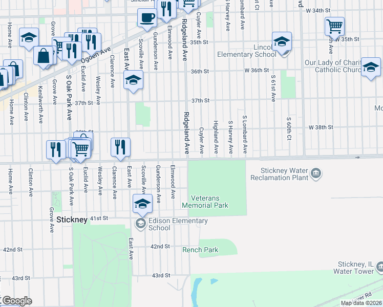 map of restaurants, bars, coffee shops, grocery stores, and more near 3848 Ridgeland Avenue in Berwyn