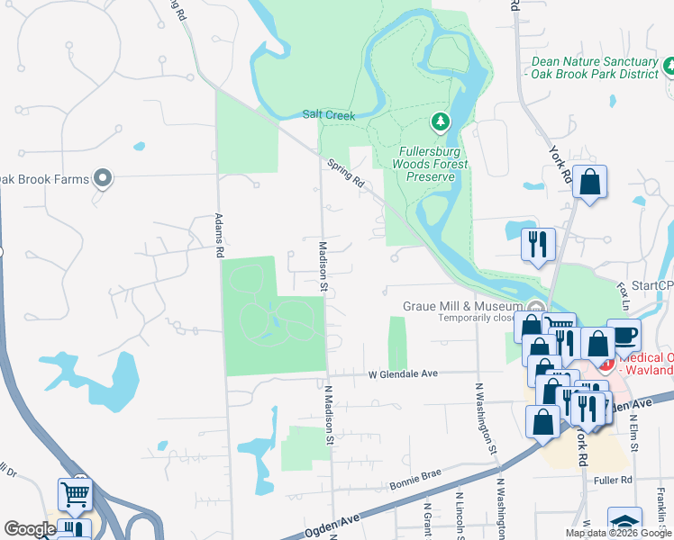 map of restaurants, bars, coffee shops, grocery stores, and more near 3705 Madison Street in Oak Brook