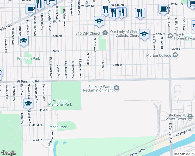 map of restaurants, bars, coffee shops, grocery stores, and more near 6046 West Pershing Road in Cicero