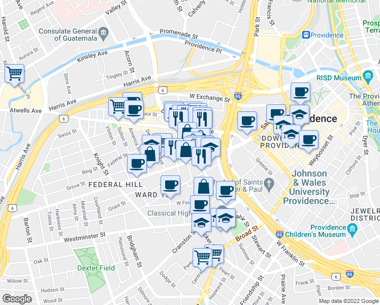 map of restaurants, bars, coffee shops, grocery stores, and more near 195 Dean Street in Providence