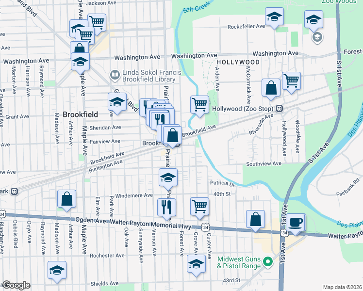 map of restaurants, bars, coffee shops, grocery stores, and more near Forest Avenue in Brookfield