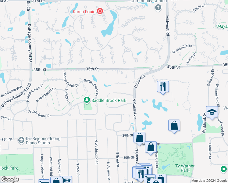 map of restaurants, bars, coffee shops, grocery stores, and more near 198 Oakley Drive North in Westmont