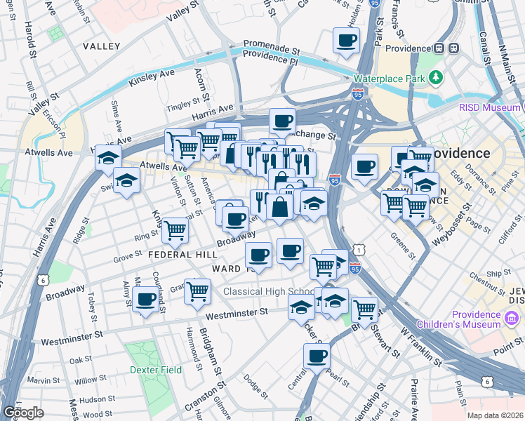 map of restaurants, bars, coffee shops, grocery stores, and more near 39 Kenyon Street in Providence