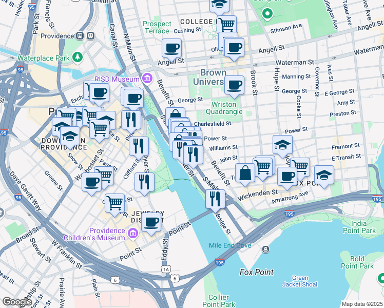 map of restaurants, bars, coffee shops, grocery stores, and more near 341 South Main Street in Providence