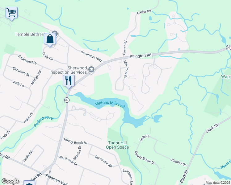 map of restaurants, bars, coffee shops, grocery stores, and more near 2801 Mill Pond Drive in South Windsor