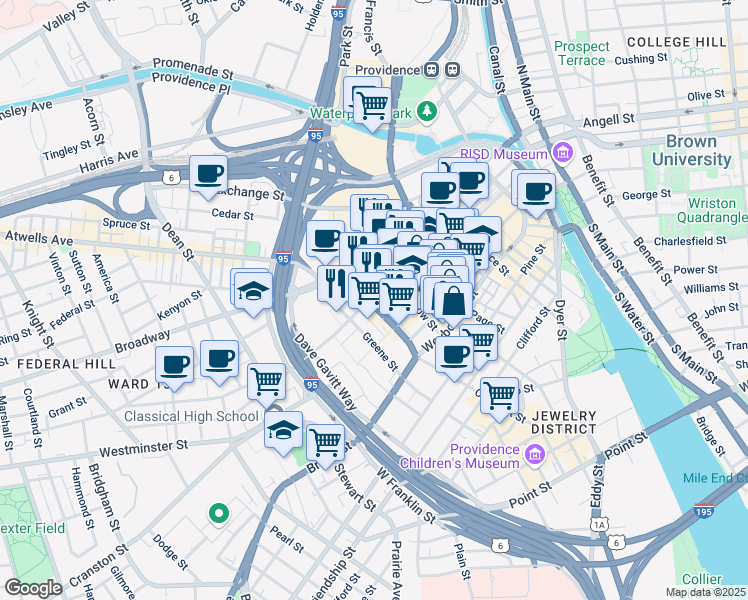 map of restaurants, bars, coffee shops, grocery stores, and more near 123 Empire Street in Providence