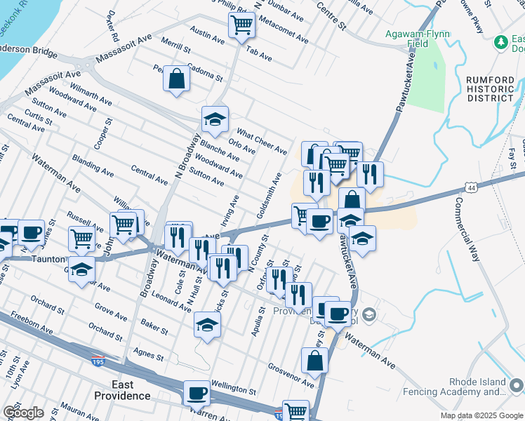 map of restaurants, bars, coffee shops, grocery stores, and more near 500 Taunton Avenue in East Providence