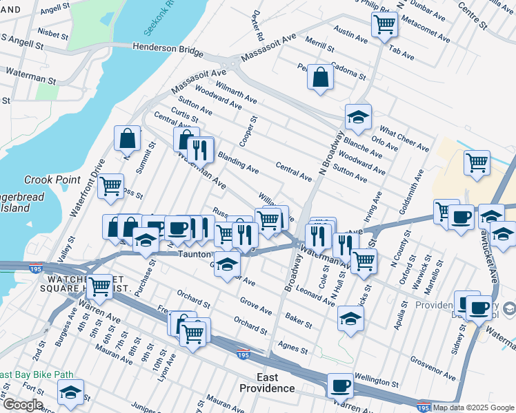 map of restaurants, bars, coffee shops, grocery stores, and more near 220 Waterman Avenue in East Providence