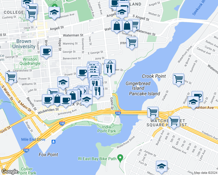 map of restaurants, bars, coffee shops, grocery stores, and more near in Providence